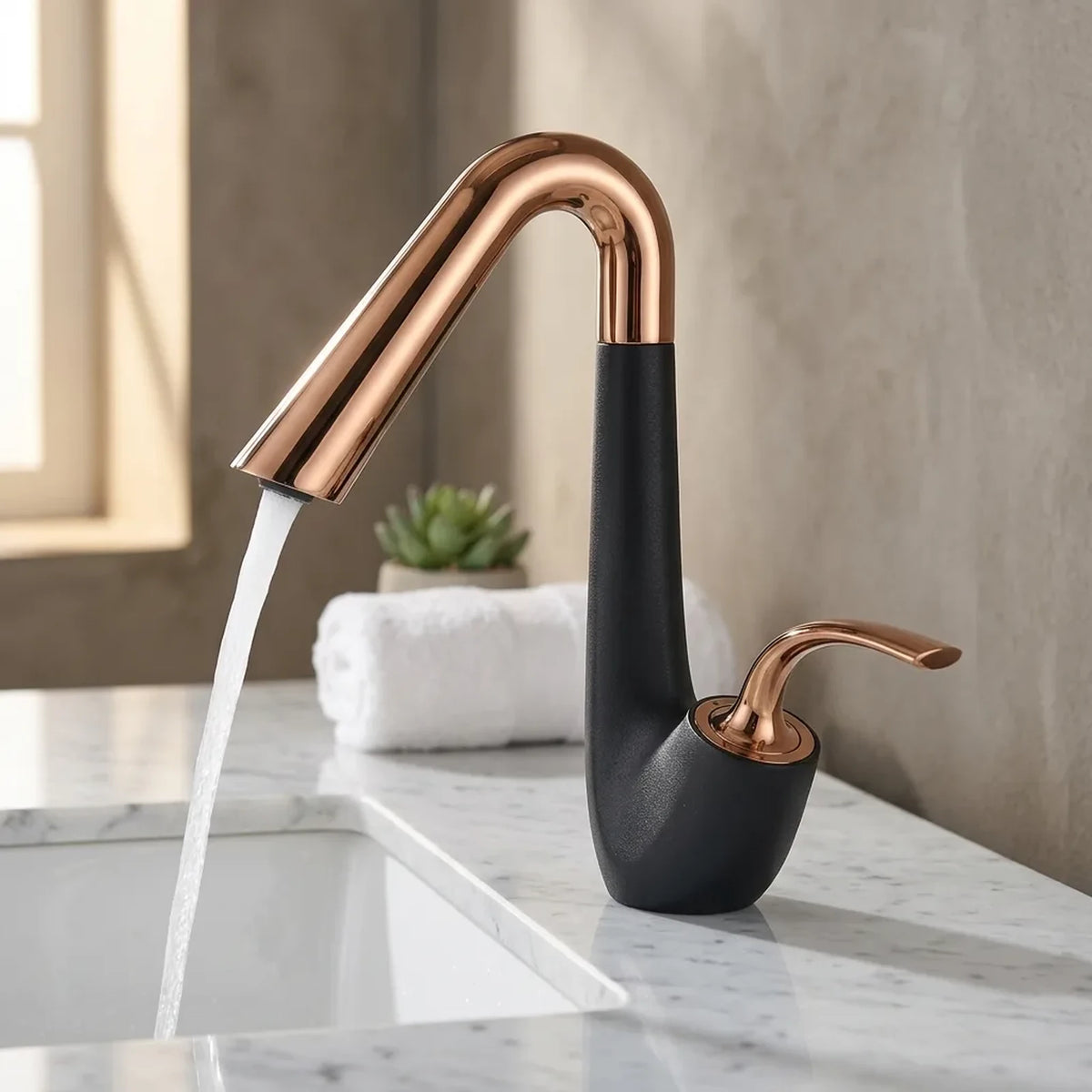 Torneira Platine Preto com bica rose gold ambientada em banheiro com bancada de mármore branco
