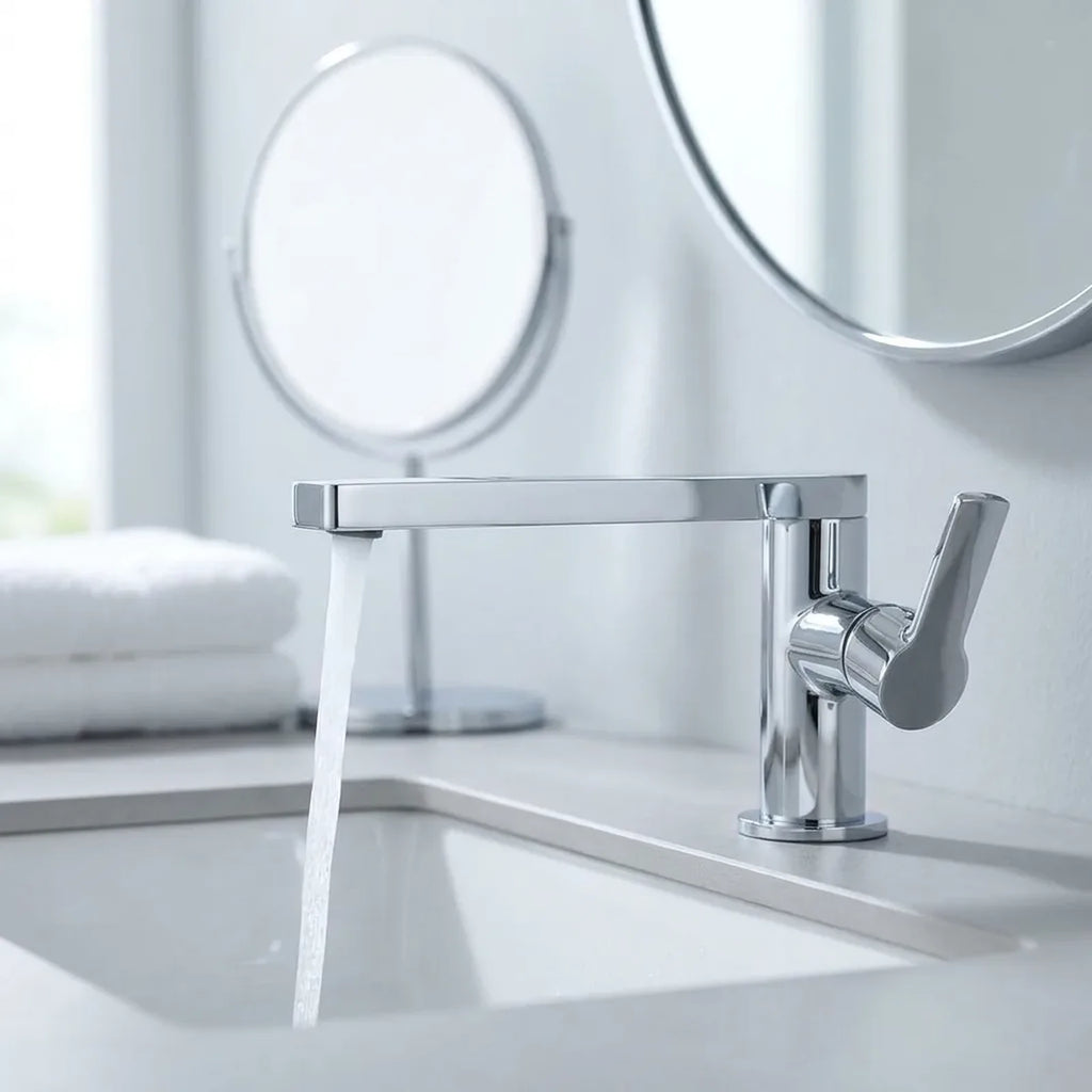 Torneira Royal Aurora cromada instalada em bancada de porcelanato claro
