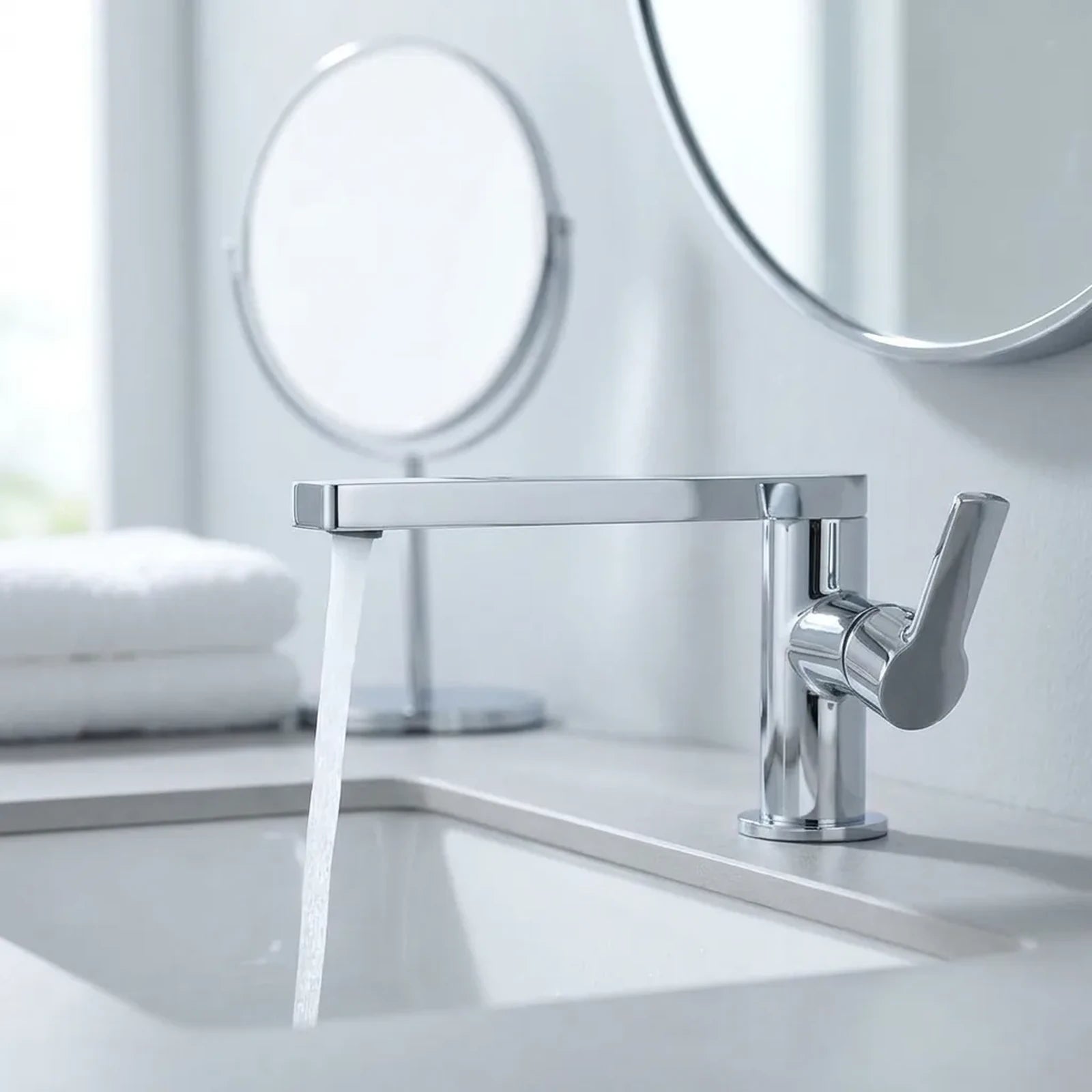 Torneira Royal Aurora cromada instalada em bancada de porcelanato claro