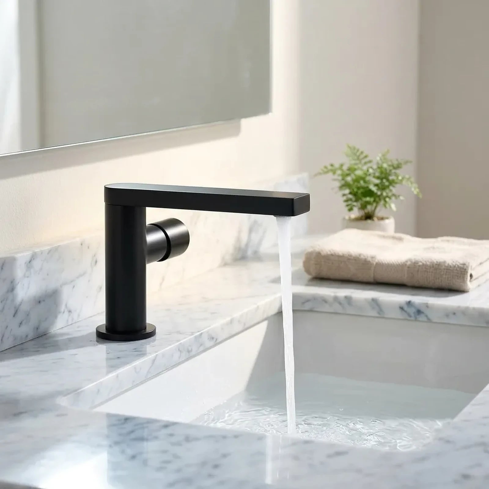 Torneira Royal Aurora preta instalada em bancada de mármore branco com cuba embutida