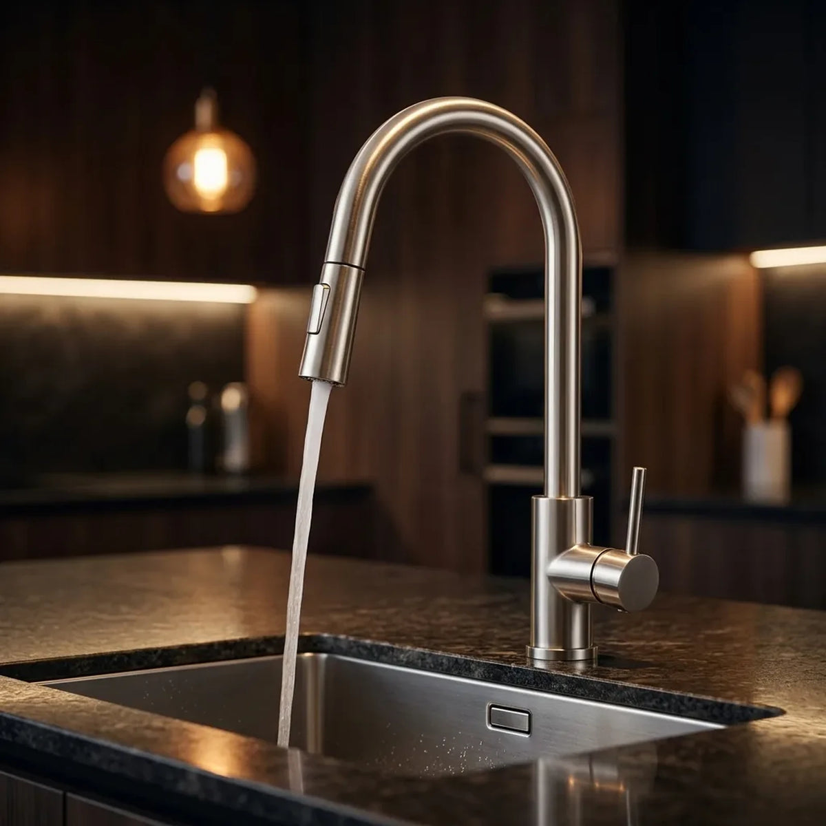Torneira gourmet Royal Flex prata escovado instalada em ilha de cozinha com bancada de granito escuro