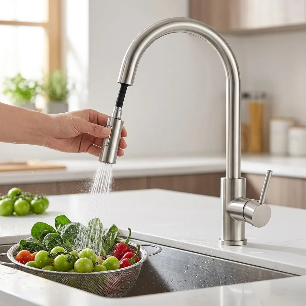 Ducha extensível da torneira Royal Flex sendo puxada para lavar verduras em escorredor na cuba de aço inox