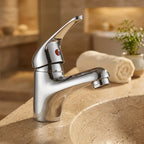 Torneira monocomando para banheiro Royal Signature cromada, ambientada em lavabo estilo spa — Torneiras Royal