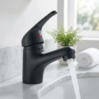 Torneira monocomando para banheiro Royal Signature preto fosco, ambientada em bancada de mármore branco — Torneiras Royal