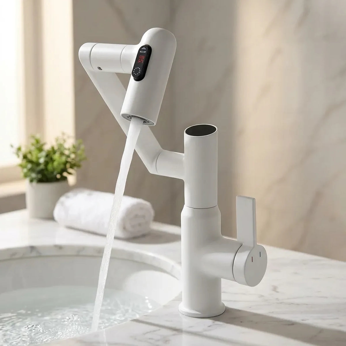 Torneira monocomando com sensor de temperatura branca instalada em bancada de mármore branco com cuba de banheiro