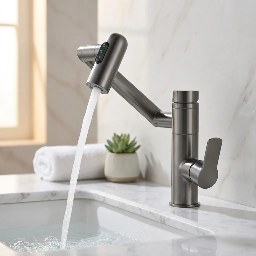 Torneira monocomando com sensor de temperatura cinza escovado instalada em bancada de mármore branco com cuba de banheiro