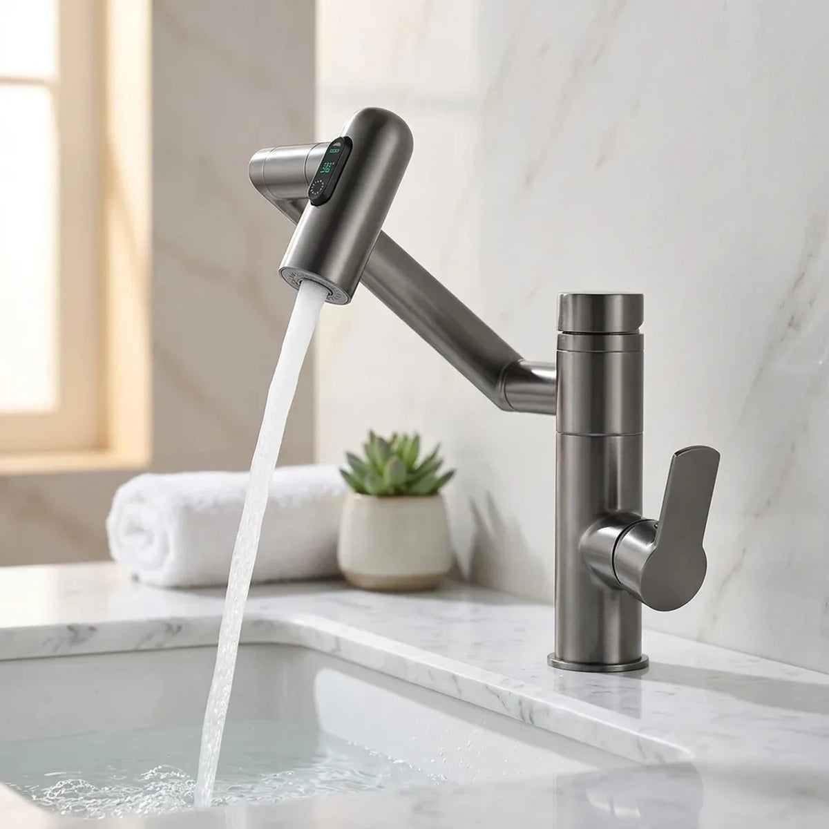 Torneira monocomando com sensor de temperatura cinza escovado instalada em bancada de mármore branco com cuba de banheiro