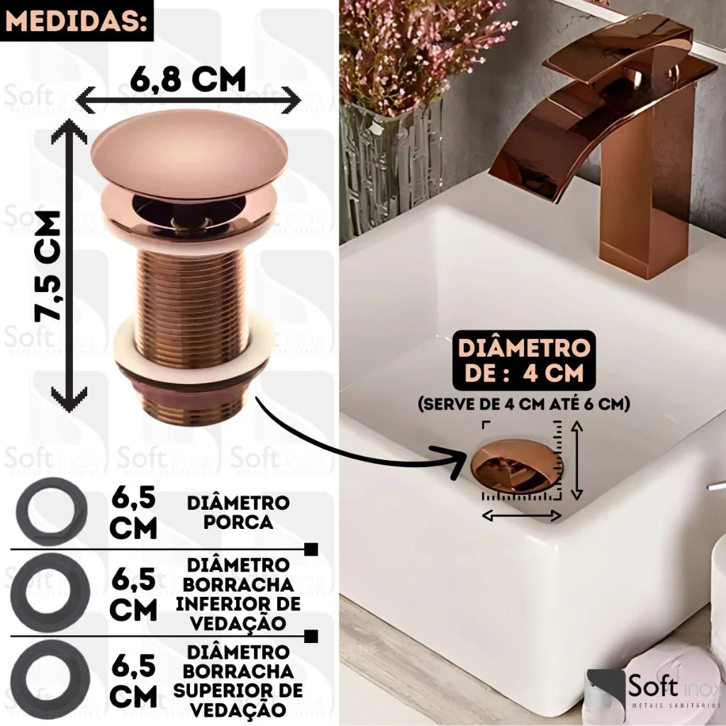 Válvula Click Pia Banheiro Lavabo P/ Cuba Pia rosé de 4cm - rosé