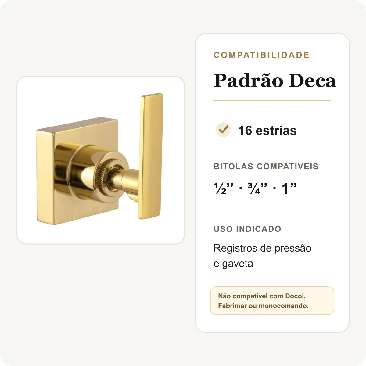 Compatibilidade do acabamento para registro dourado com padrão Deca de 16 estrias